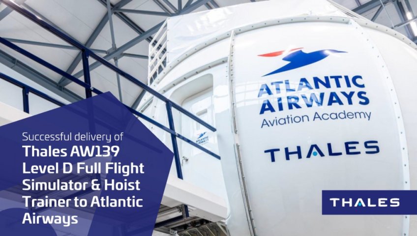 КОМПАНИИ THALESAEROSPACE И ATLANTIC AIRWAYS ПРЕДСТАВЛЯЮТ НОВЫЙ ПОЛНОПИЛОТАЖНЫЙ СИМУЛЯТОР УРОВНЯ D ДЛЯ САМОЛЕТА AW139 И ТРЕНАЖЕР ПОДЪЕМНОЙ СИЛЫ.